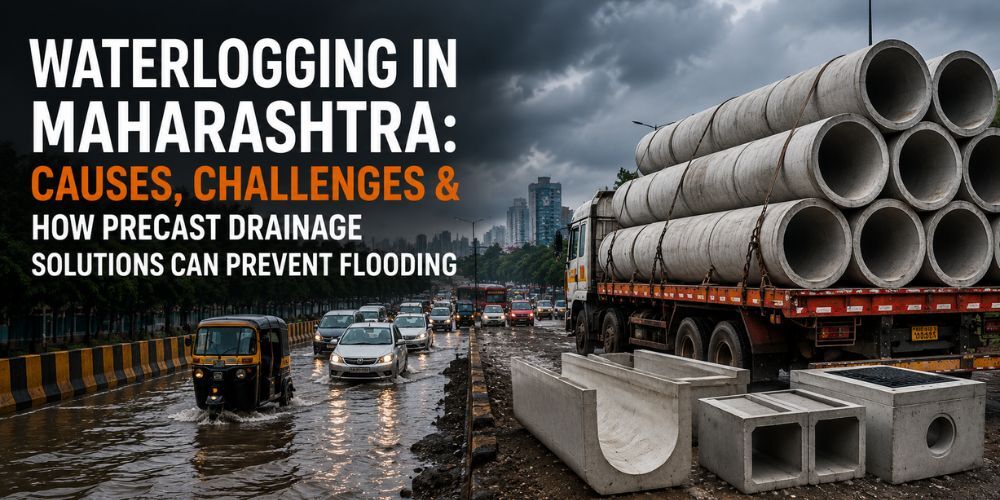 Waterlogging in Maharashtra and the role of Precast & Constosolutions operates drainage solutions such as RCC pipes, U-drains, box culverts, and catch pits in flood prevention